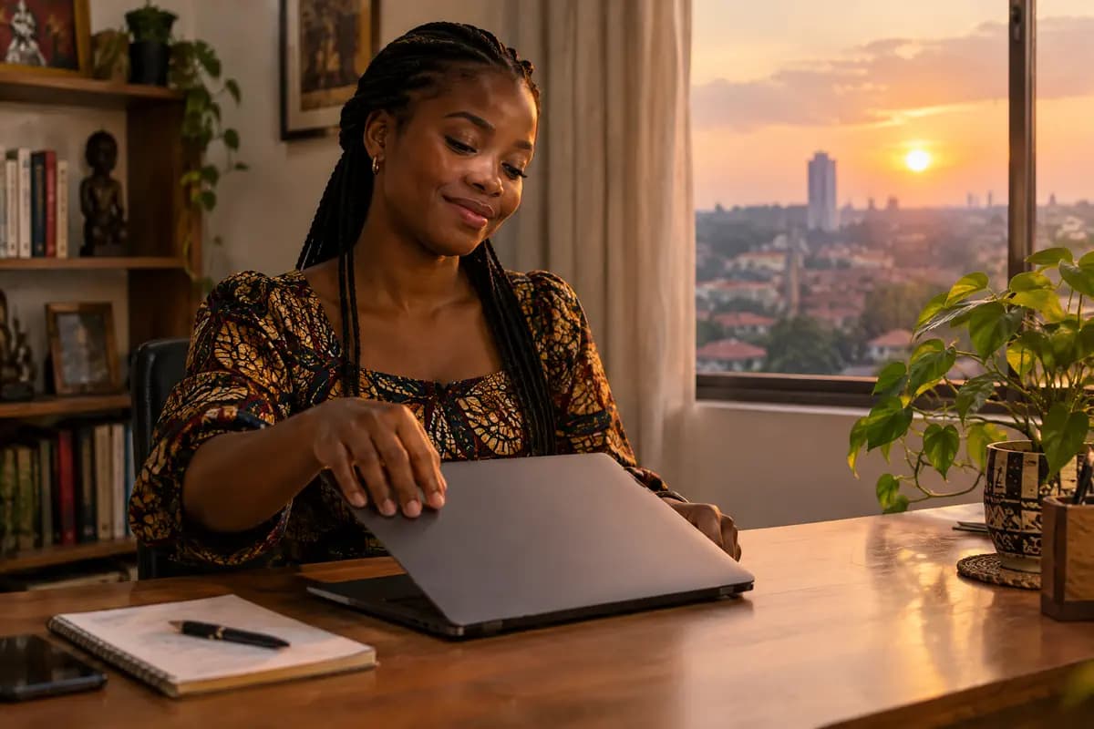 Une jeune femme referme son ordinateur portable en fin de journée, souriante, devant une fenêtre au coucher du soleil.