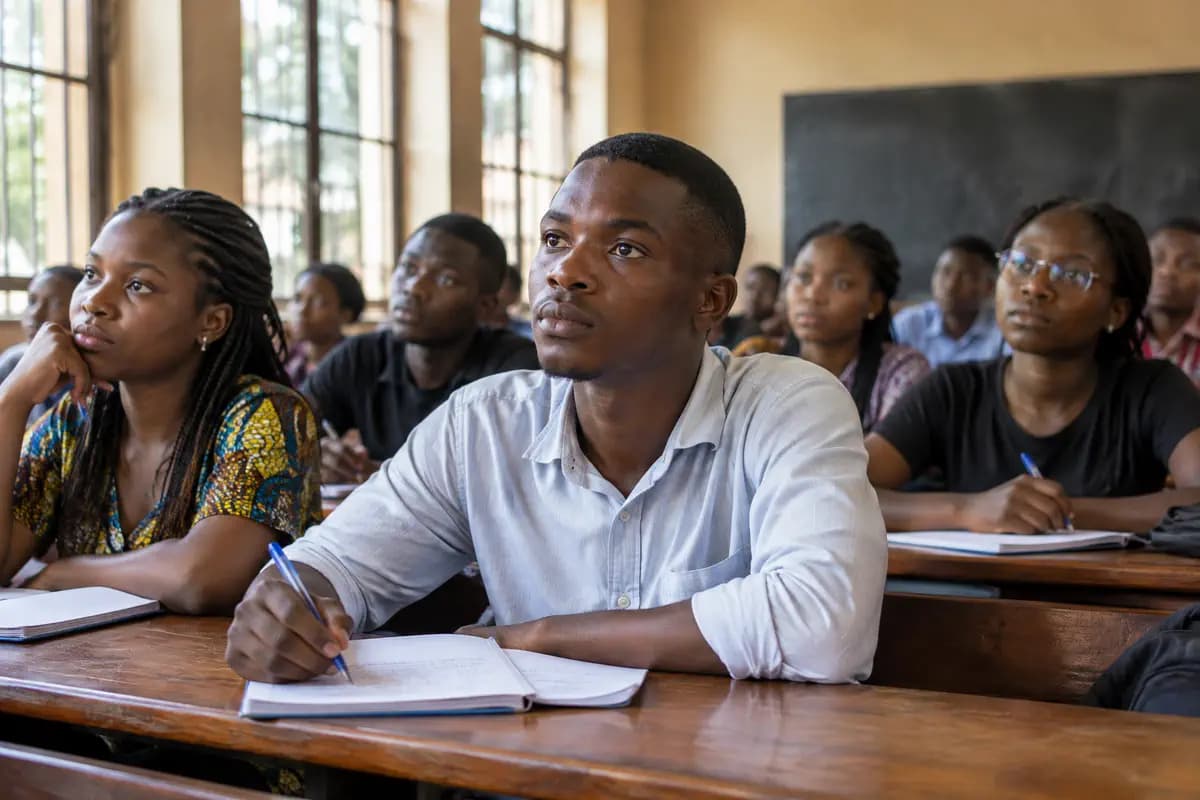 Des étudiants prennent des notes pendant un cours dans un amphithéâtre éclairé par de grandes fenêtres.