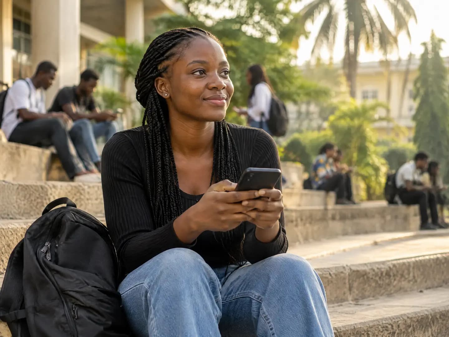 Une étudiante assise sur les marches de son université organise sa journée sur son téléphone, d’autres étudiants derrière elle.