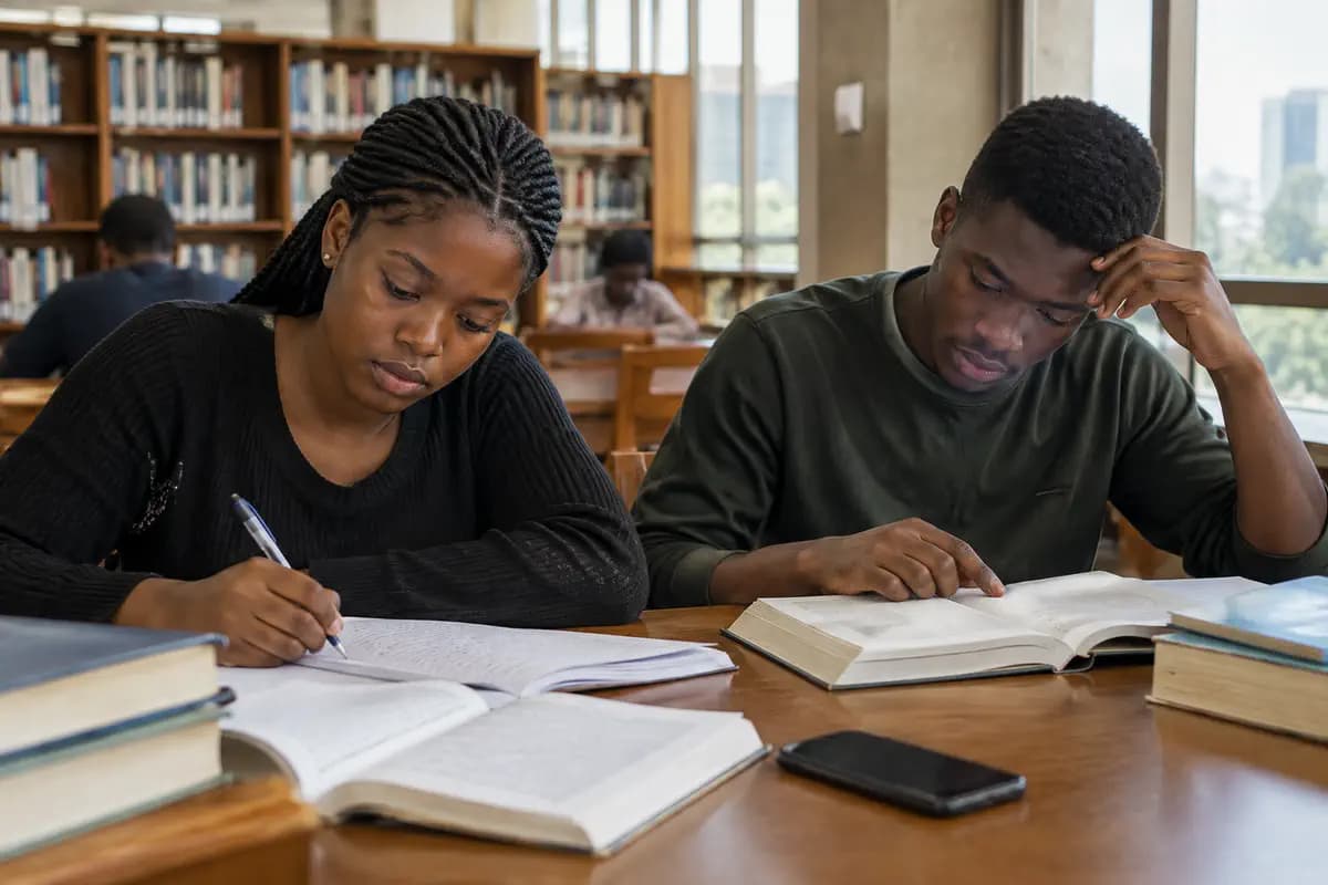 Deux étudiants révisent à une table de bibliothèque, livres ouverts et téléphone posé face contre la table.
