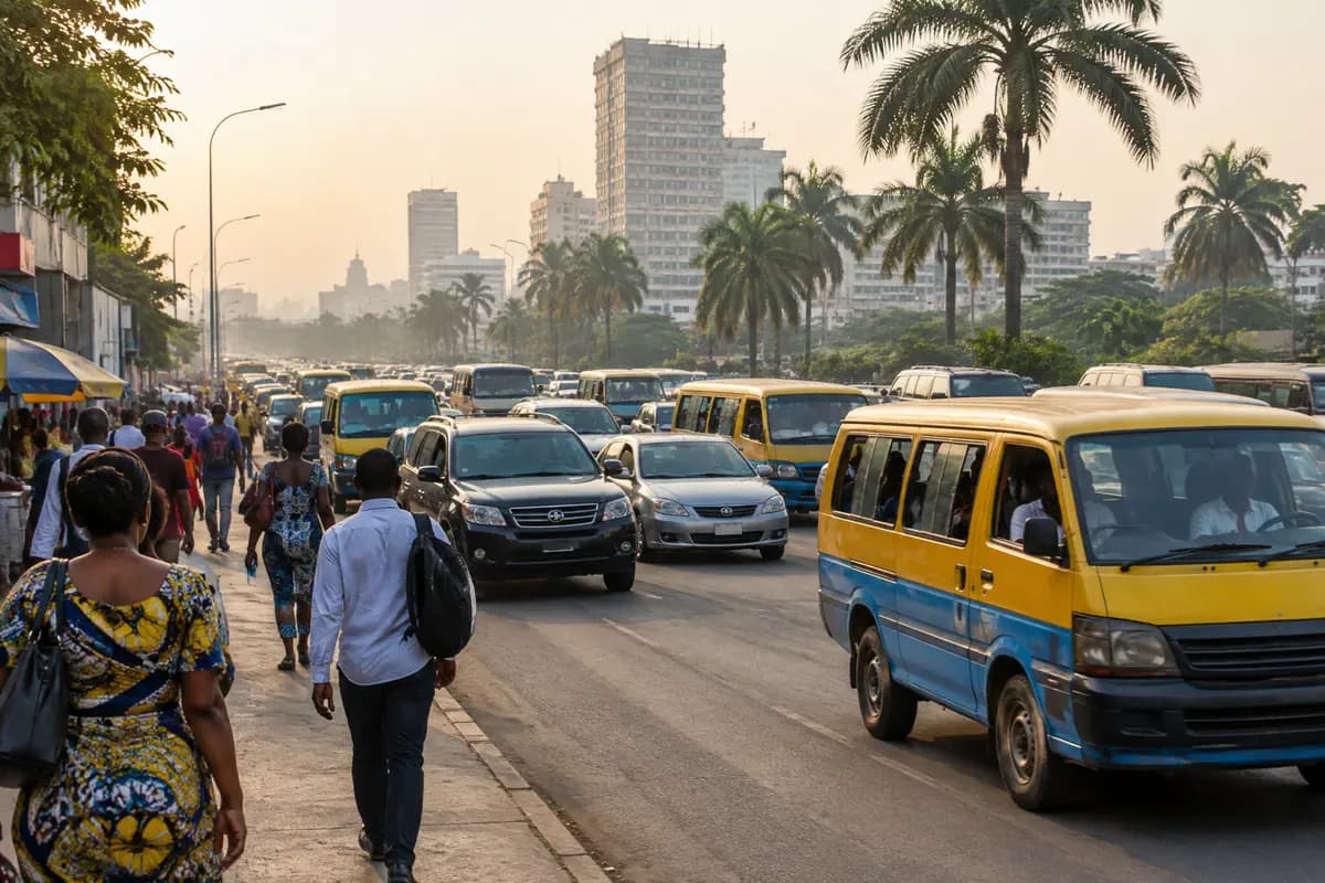 Un grand boulevard de Kinshasa à l’heure de pointe : voitures et minibus jaune et bleu, piétons sur le trottoir.