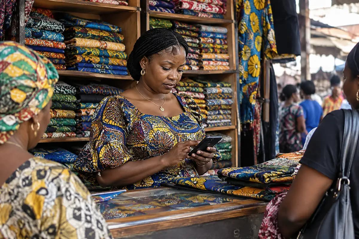Une commerçante consulte son téléphone derrière le comptoir de sa boutique de pagnes, entre deux clientes.