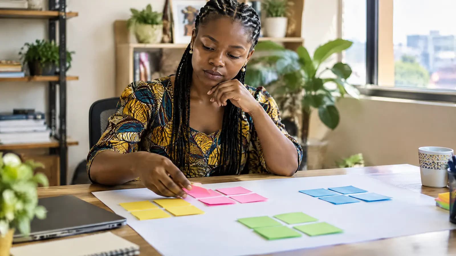 Une jeune femme range des notes adhésives de couleur en quatre groupes sur une grande feuille posée sur son bureau.