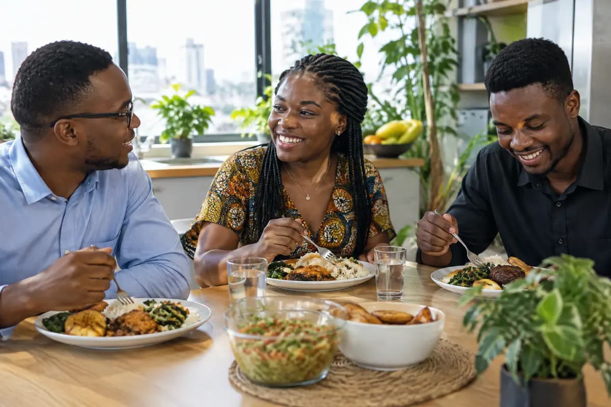 Trois collègues partagent le déjeuner autour d’une table dans une cuisine de bureau lumineuse.
